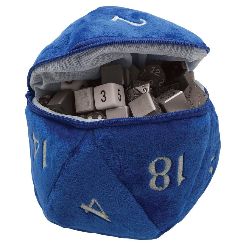 Dice Bag: d20 Plush: BU - Blue plush d20 dice bag with white numbers and gray dice spilling out of the open zipper top.