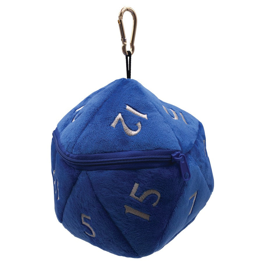 Dice Bag: d20 Plush: BU - Blue plush d20 dice bag with white numbers and zipper, attached to carabiner clip.