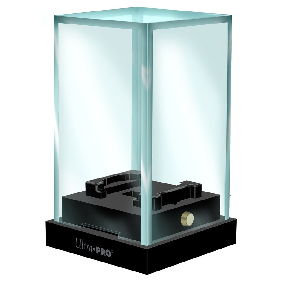 Character Clamp: 1 Inch Mini Display - Clear glass mini display case with black base and adjustable clamp inside, 1-inch size.