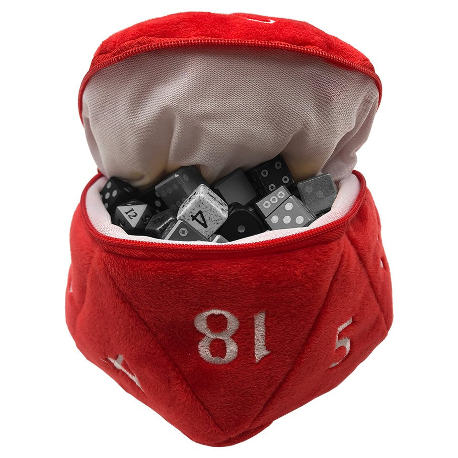 Dice Bag: d20 Plush: Red - Red plush d20-shaped dice bag open, filled with black and white polyhedral dice.