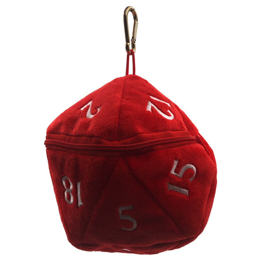 Dice Bag: d20 Plush: Red - Red plush d20 dice bag with white numbered embroidery and zipper closure, carabiner attached.