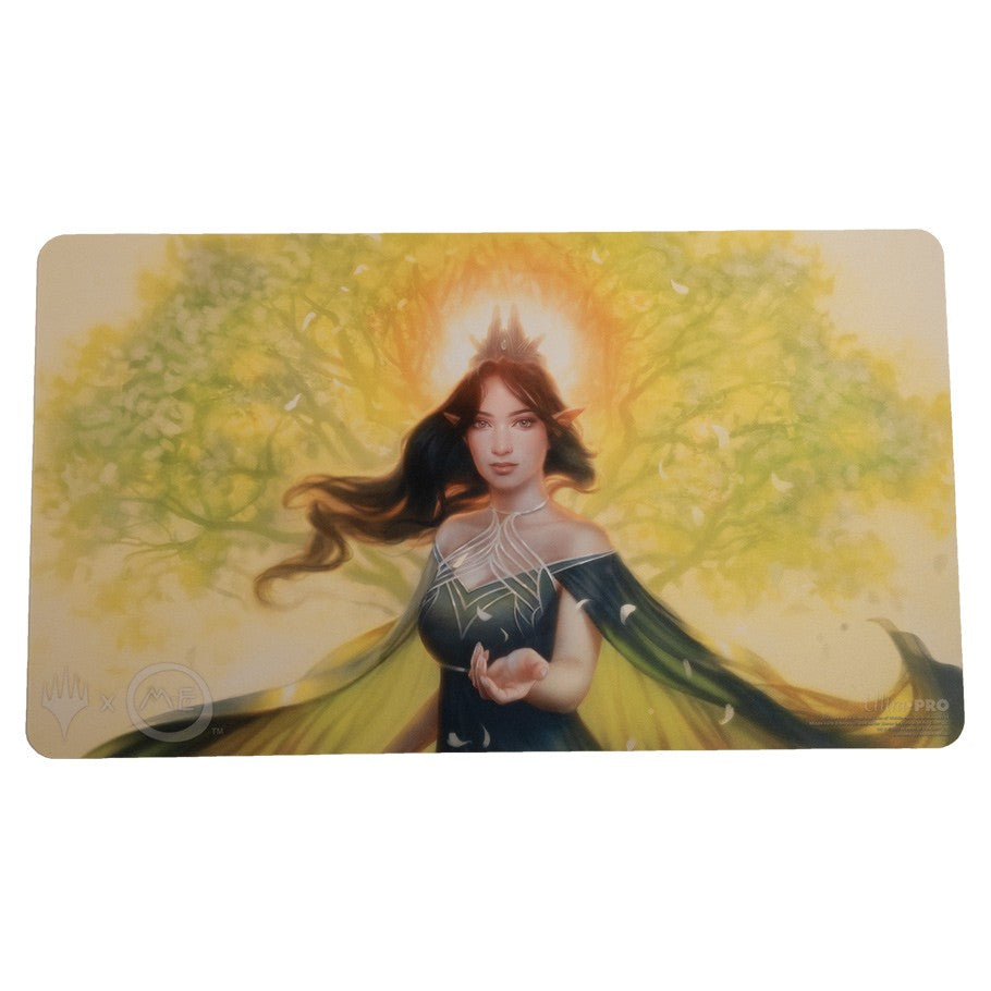 Playmat: MTG: LOTR: Arwen - Fantasy-themed playmat featuring a woman with flowing hair, glowing halo, and outstretched hand against a vibrant.
