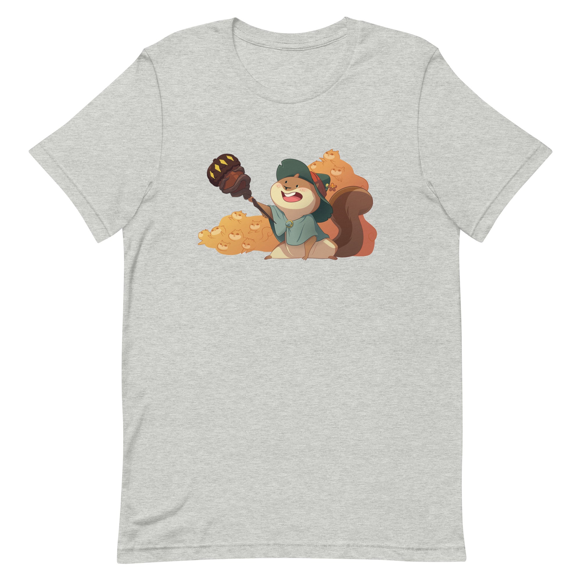 Squirrelmancer Shirt - Light gray short-sleeve T-shirt with cartoon squirrel holding a magical staff and surrounded by acorns illustration on front.