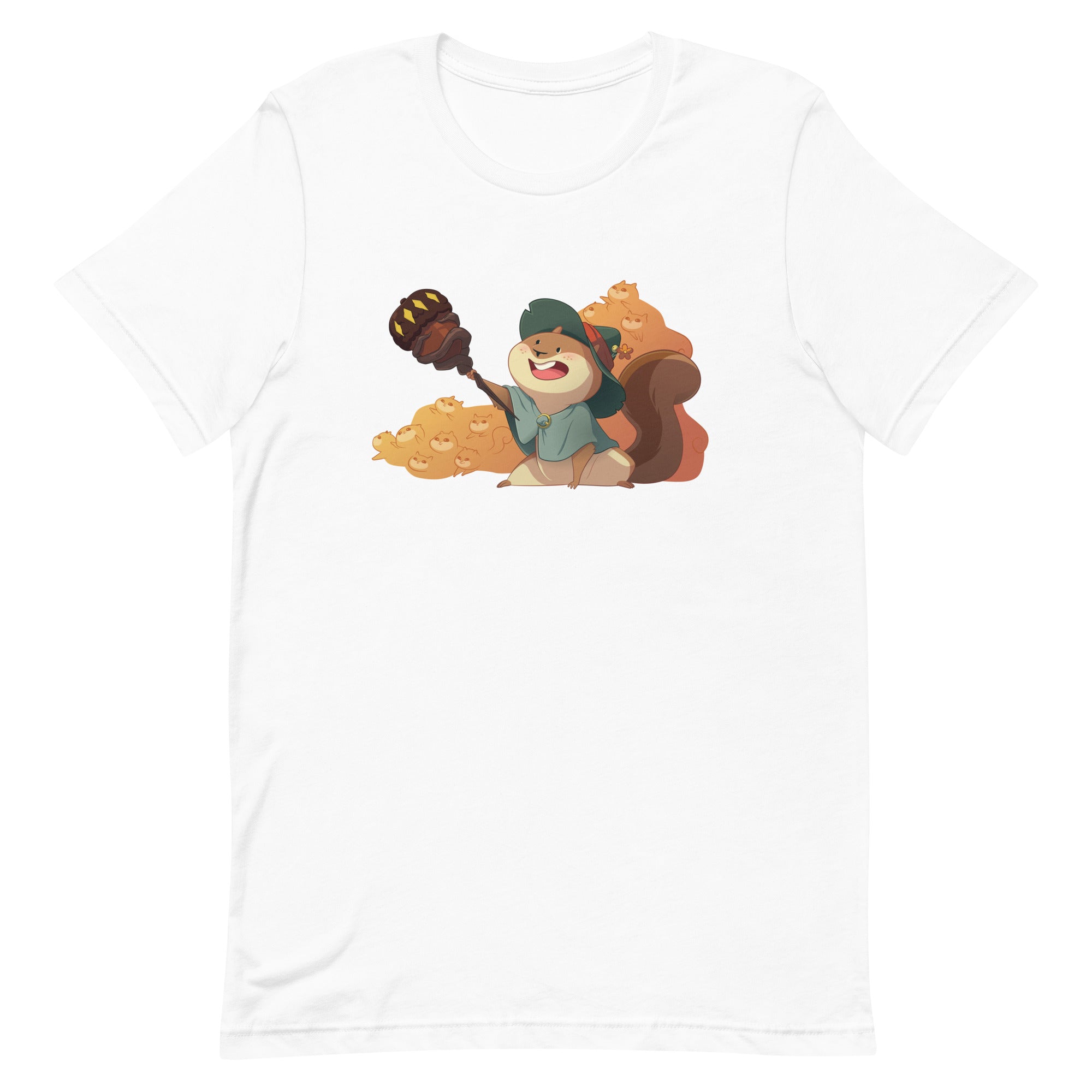 Squirrelmancer Shirt - White T-shirt with cartoon squirrel holding an acorn and surrounded by autumn leaves illustration.