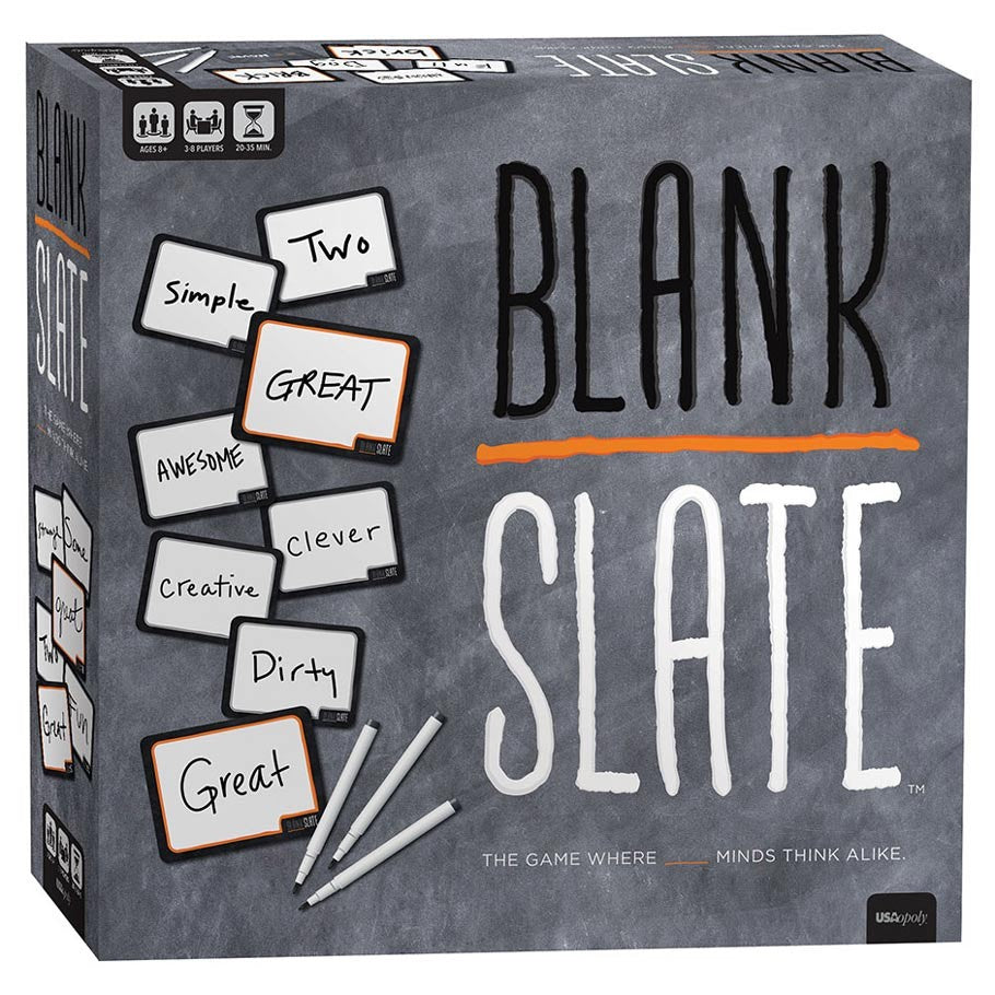 Blank Slate - Box of Blank Slate party game with gray background and white dry-erase markers on front.