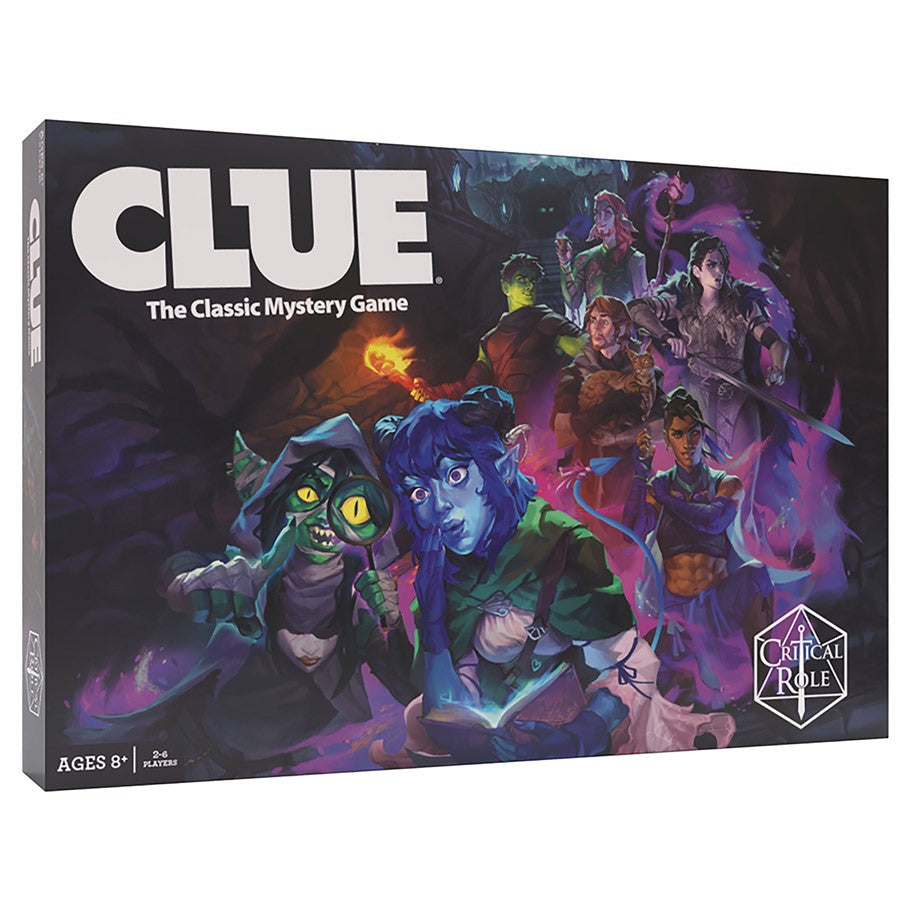 Clue: Critical Role - Clue Critical Role edition board game box with colorful fantasy characters on a dark background.