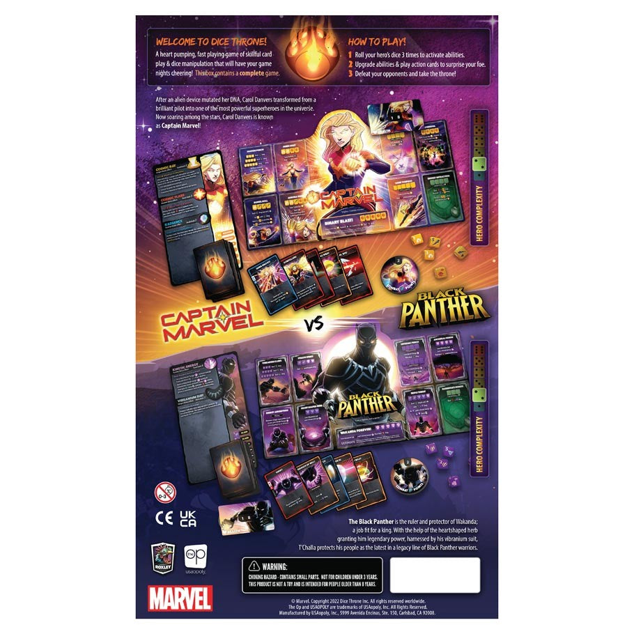 Dice Throne: Marvel: 2-Hero Box 1 - Dice Throne Marvel 2-Hero Box 1 game box back featuring vibrant Captain Marvel and Black Panther character cards, tokens,.