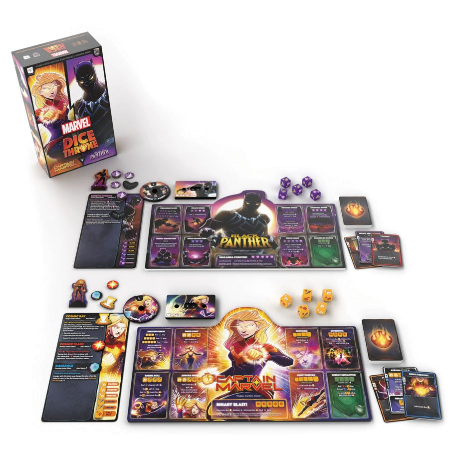 Dice Throne: Marvel: 2-Hero Box 1 - Dice Throne Marvel 2-Hero Box with game boards, character cards, custom dice, health trackers, and tokens laid out on a.