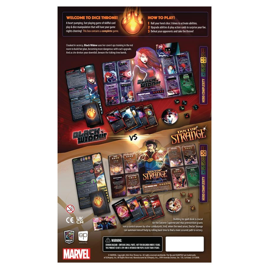 Dice Throne: Marvel: 2-Hero Box 2 - Dice Throne Marvel two-hero game box featuring Black Widow vs Doctor Strange with colorful cards, dice, and tokens on dark.