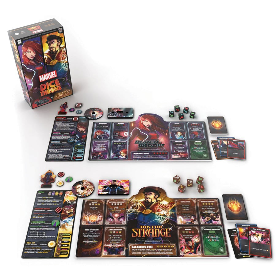Dice Throne: Marvel: 2-Hero Box 2 - Dice Throne Marvel 2-Hero Box 2 game set with character boards, dice, cards, tokens, and rulebook on white background.
