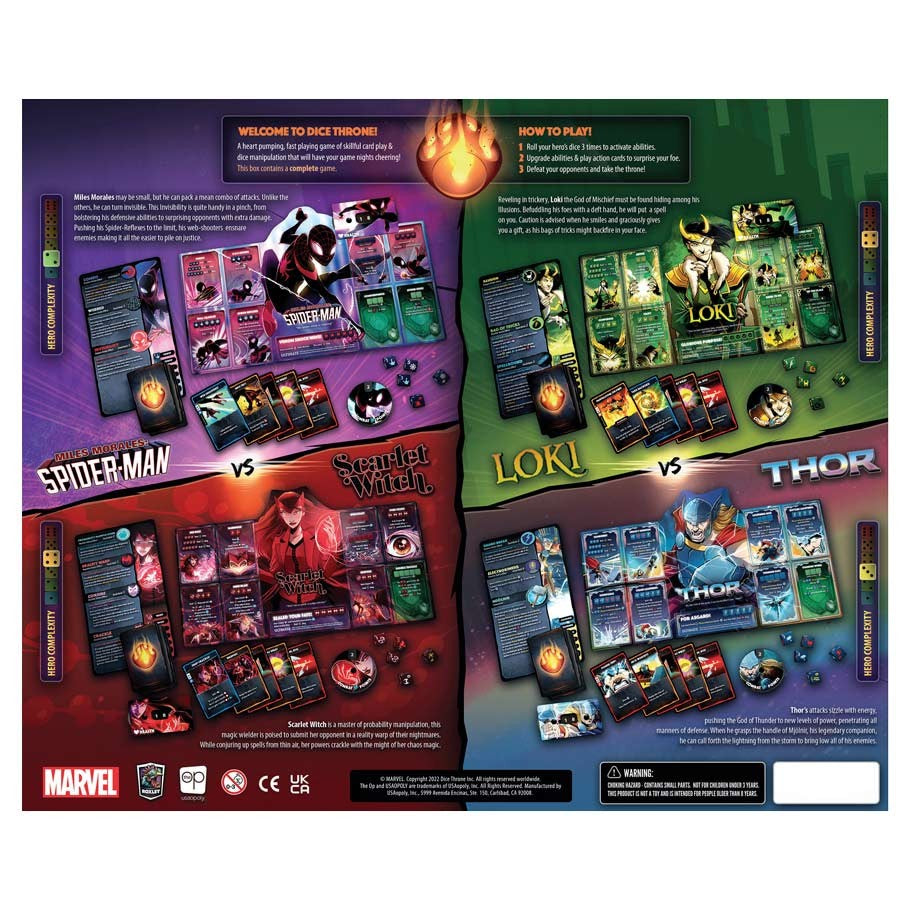 Dice Throne: Marvel: 4-Hero Box - Dice Throne Marvel 4-Hero box back cover showing gameplay cards and artwork for Spider-Man, Scarlet Witch, Loki, and Thor.