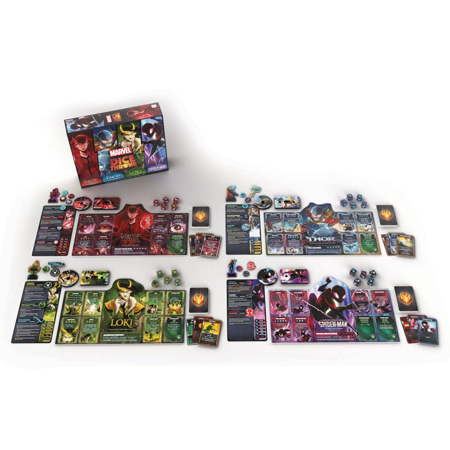 Dice Throne: Marvel: 4-Hero Box - Dice Throne Marvel 4-Hero Box game setup with character boards, dice, cards, tokens, and colorful artwork.