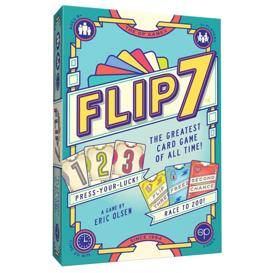 Flip 7 - Colorful rectangular Flip 7 card game box with retro design and bold yellow "FLIP 7" text on blue background.