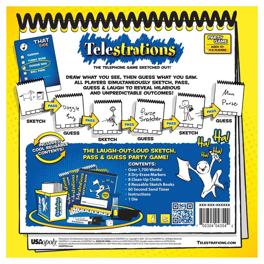 Telestrations! - Telestrations party game box with yellow background and comic-style sketches of game play steps.