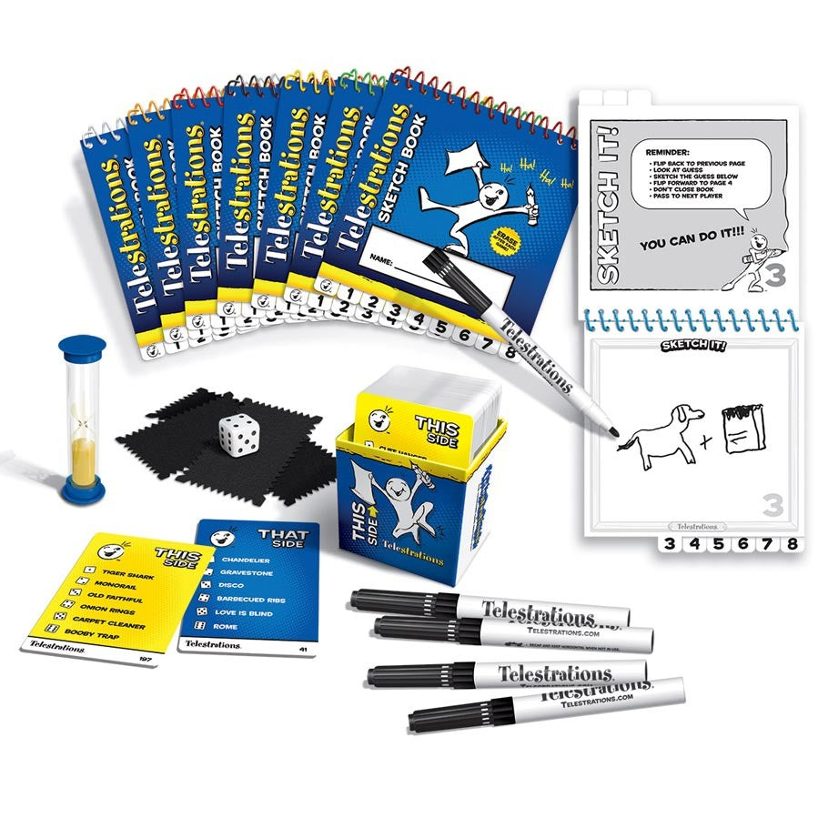 Telestrations! - Telestrations board game set with blue spiral-bound drawing pads, black dry-erase markers, yellow hourglass timer, dice, and