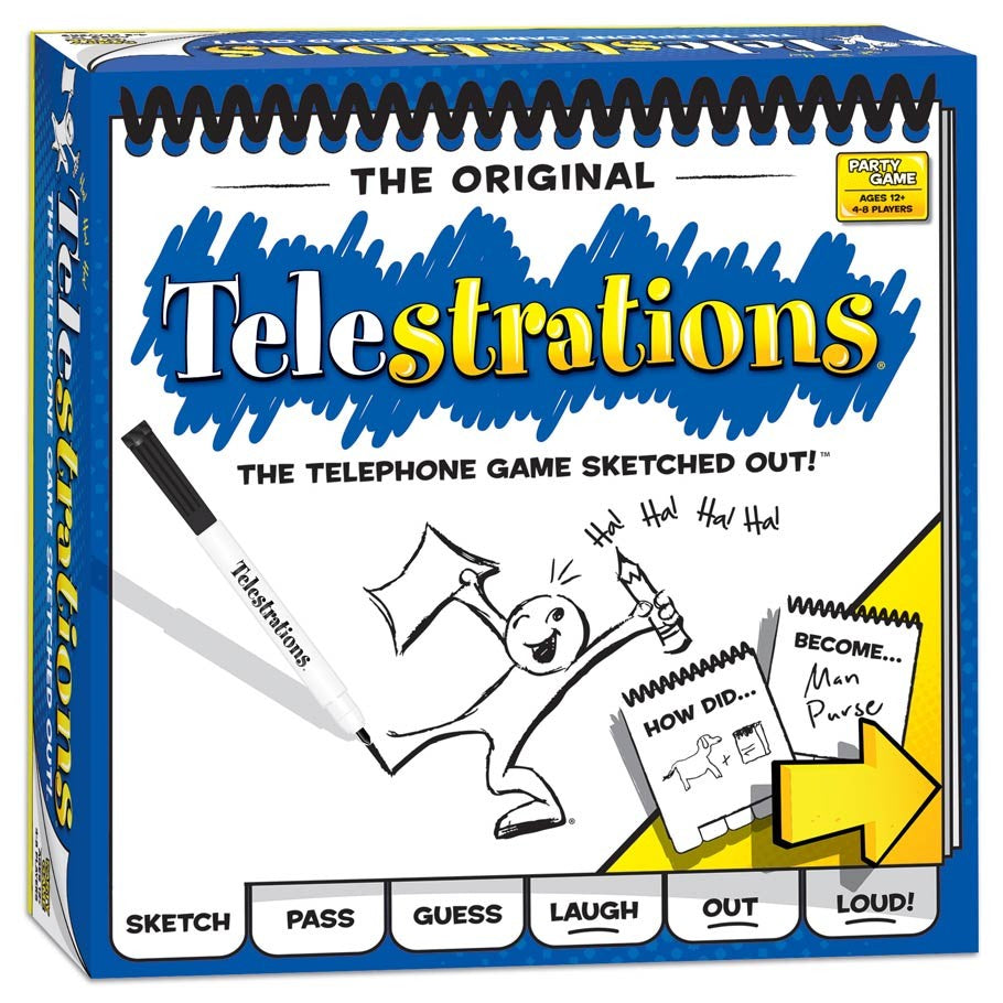 Telestrations! - Telestrations board game box with sketchpad, marker, cartoon doodles, and yellow arrow design.