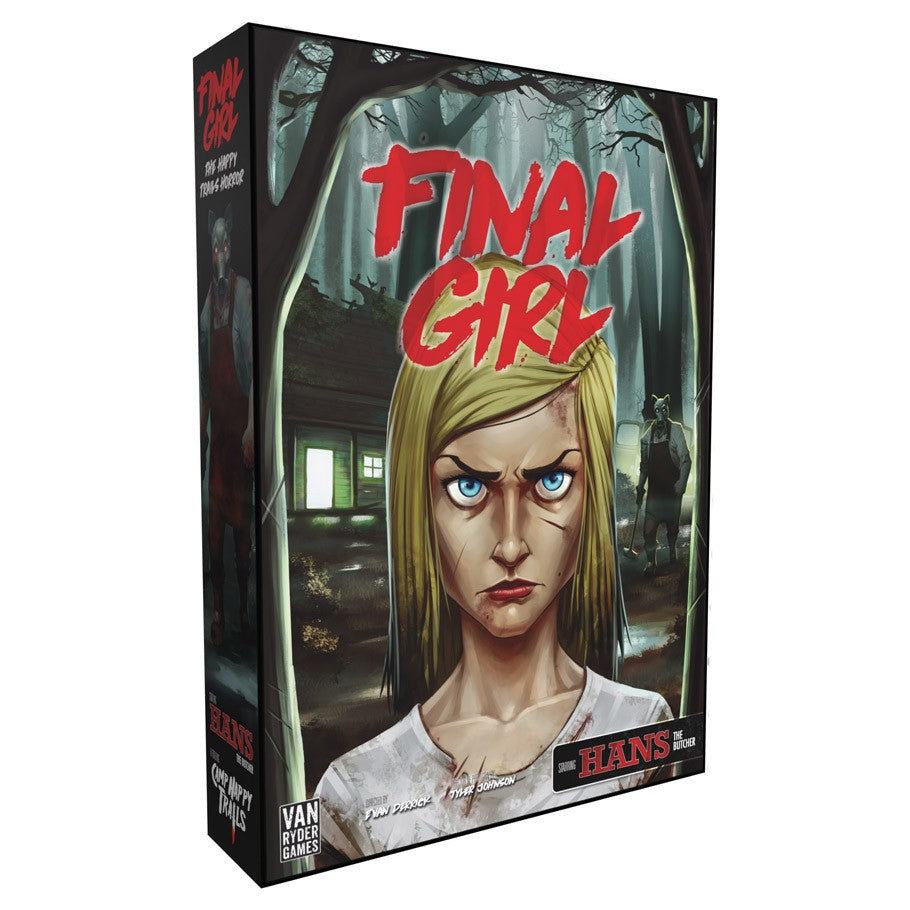 Final Girl: Happy Trails Horror - Final Girl Happy Trails Horror board game box with intense blonde woman and dark forest background.