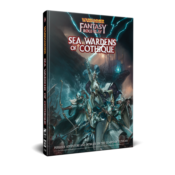 Warhammer Fantasy Roleplay: Sea Wardens Of Cothique (PREORDER) - Warhammer Fantasy Roleplay book with stormy sea battle cover, featuring armored sea wardens wielding weapons and glowing.