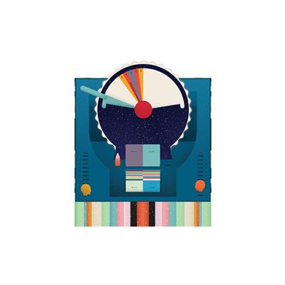 Wavelength - Wavelength party game with colorful spectrum dial and radial indicator on blue board.