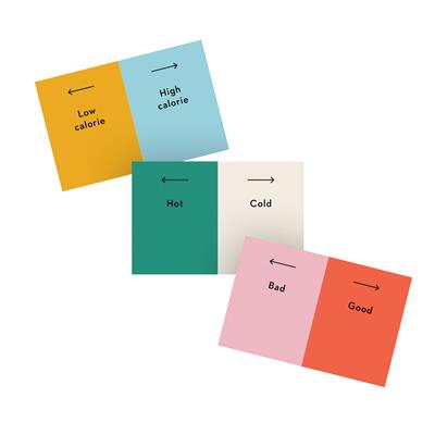 Wavelength - "Low calorie - High calorie," "Hot - Cold," and "Bad - Good" in blue, orange, green, cream, pink, and red colors.