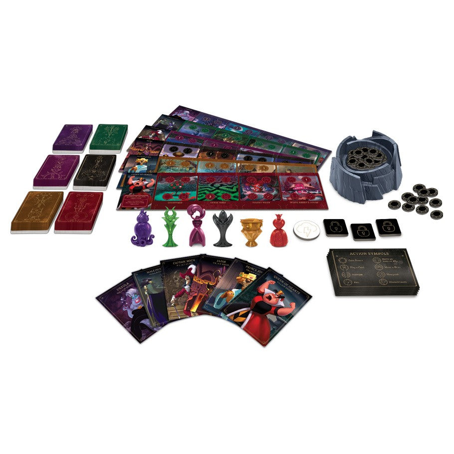 Villainous - Villainous board game components including character boards, colorful cards, tokens, plastic character figures, and a.