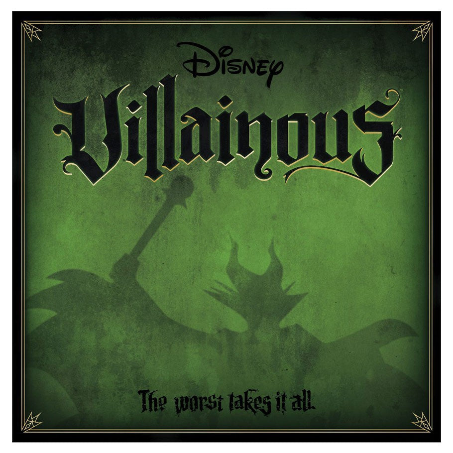 Villainous - Disney Villainous board game box with dark green background and shadowy villain silhouettes.