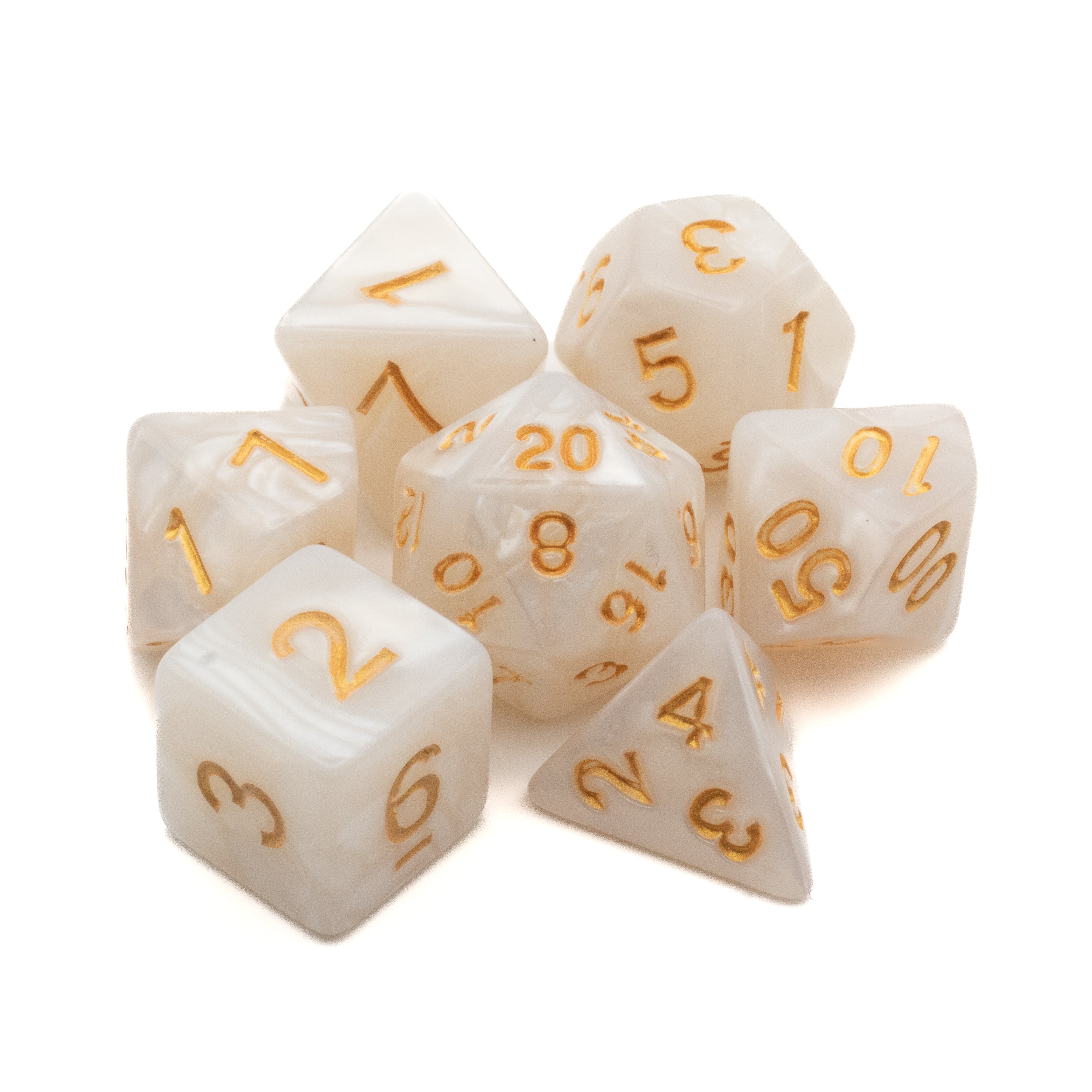 White Marbled Acrylic Dice Set - White marbled acrylic dice set with gold numbers, includes d20, d12, d10, d8, d6, and d4.