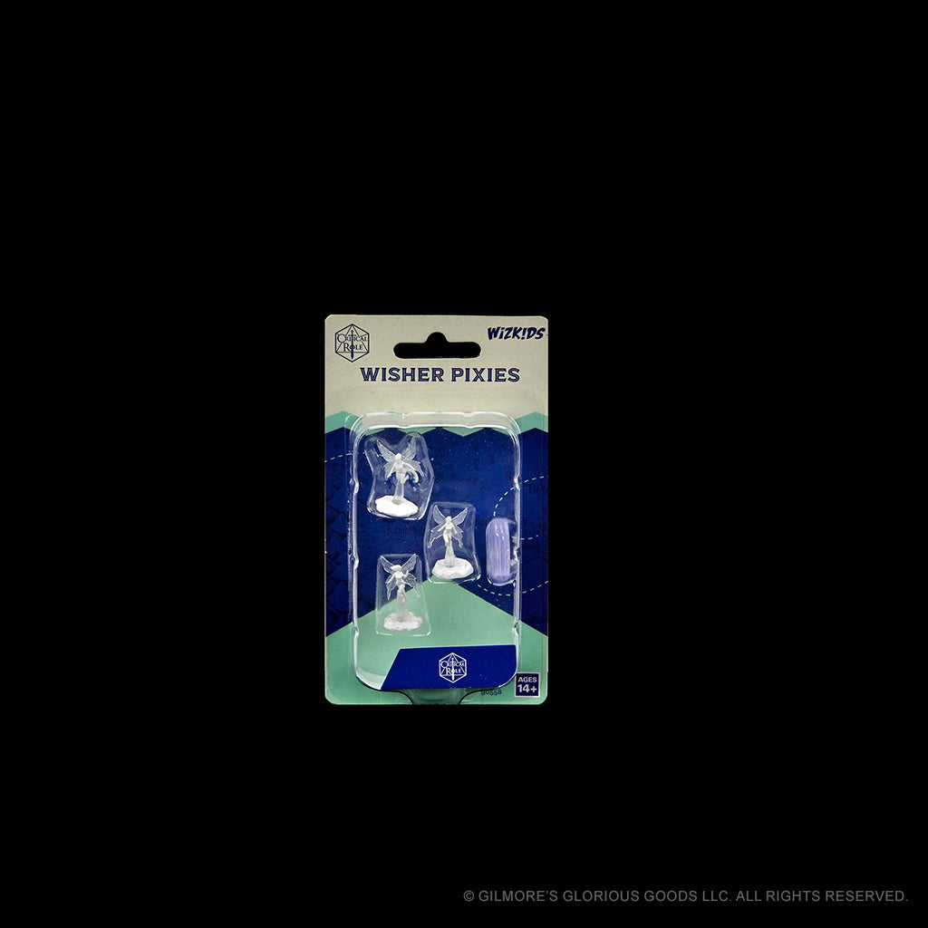 Critical Role Mini: Wisher Pixies - Set of three painted fantasy pixie miniatures on clear stands in blister pack with "Wisher Pixies" label.