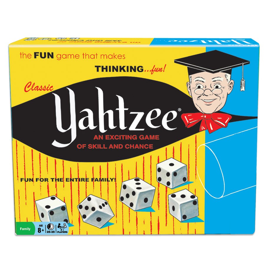 Classic Yahtzee - Classic Yahtzee game box with smiling character in graduation cap and dice illustrations on yellow and blue background.