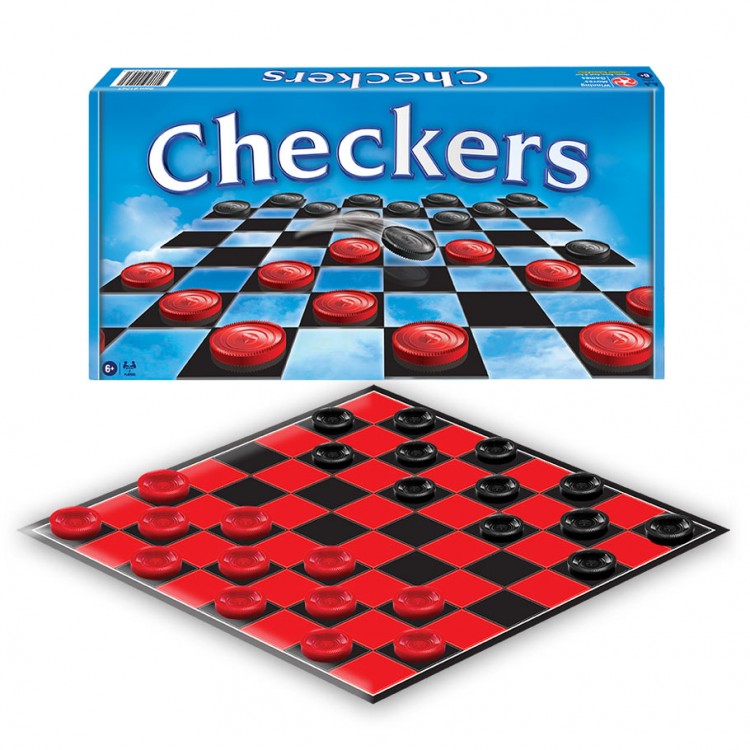 Checkers - Checkers game set with red and black pieces on red and black checkered board and blue box packaging.