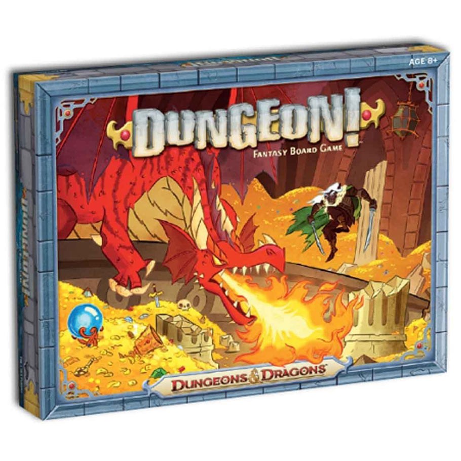 D&D: Dungeon! - Dungeons & Dragons Dungeon! board game box with dragon breathing fire onto treasure and adventurers.