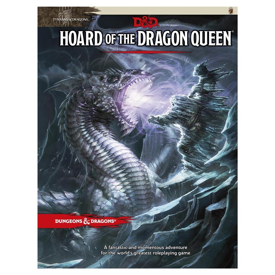 D&D 5E: Hoard of the Dragon Queen - Dark fantasy book cover featuring a large silver dragon and a cloaked figure casting a glowing purple spell.