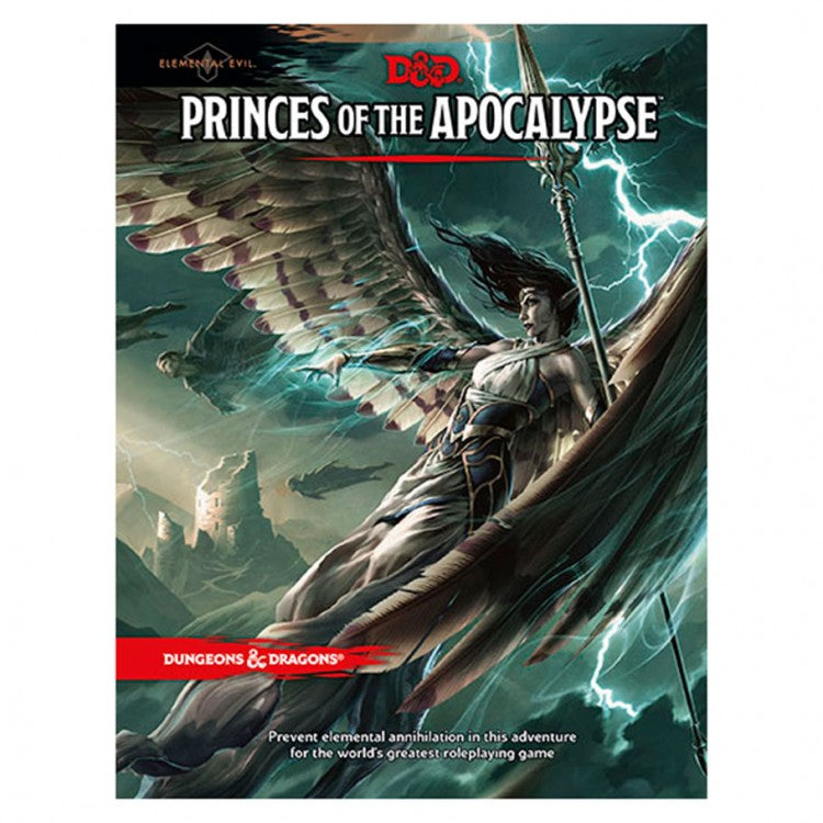 D&D 5E: Princes of the Apocalypse - Dungeons & Dragons Princes of the Apocalypse book cover with winged warrior and stormy background.