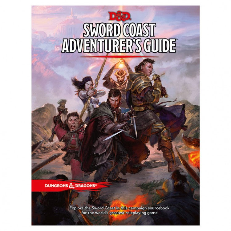 D&D 5E: Sword Coast Adventurers Guide - Dungeons & Dragons Sword Coast Adventurers Guide book cover with four fantasy warriors in dramatic poses on rocky terrain.
