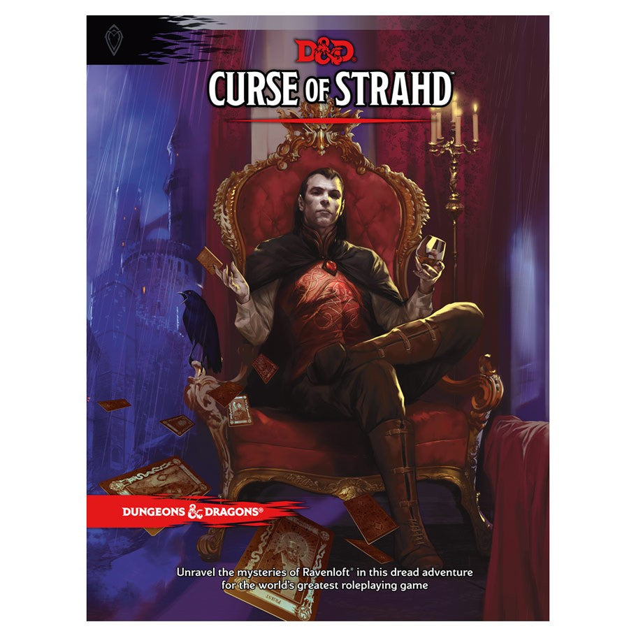 D&D 5E: Curse of Strahd - Gothic vampire lord seated on ornate throne holding tattered book with dark red and purple background.