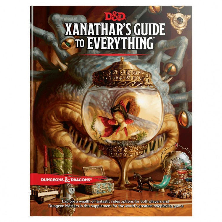 D&D 5E: Xanathars Guide to Everything - Dungeons & Dragons Xanathar's Guide to Everything book with gold, purple eyed beholder cover art.