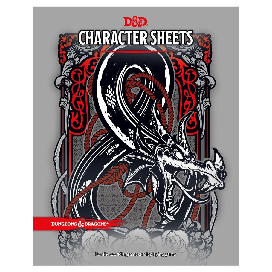 D&D 5E: Character Sheets - Dungeons & Dragons character sheets cover with black and red dragon illustration on gray background.