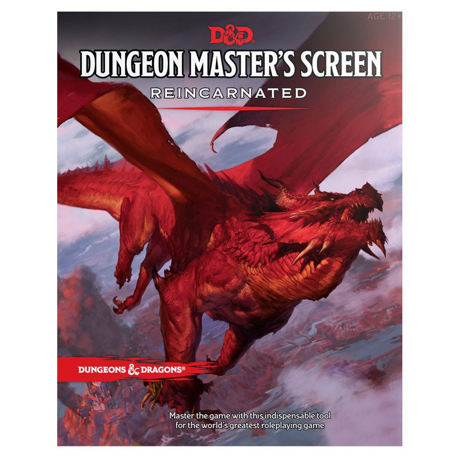 D&D 5E: DM Screen Reincarnated - Dungeon Master's Screen Reincarnated with red dragon artwork for Dungeons & Dragons.