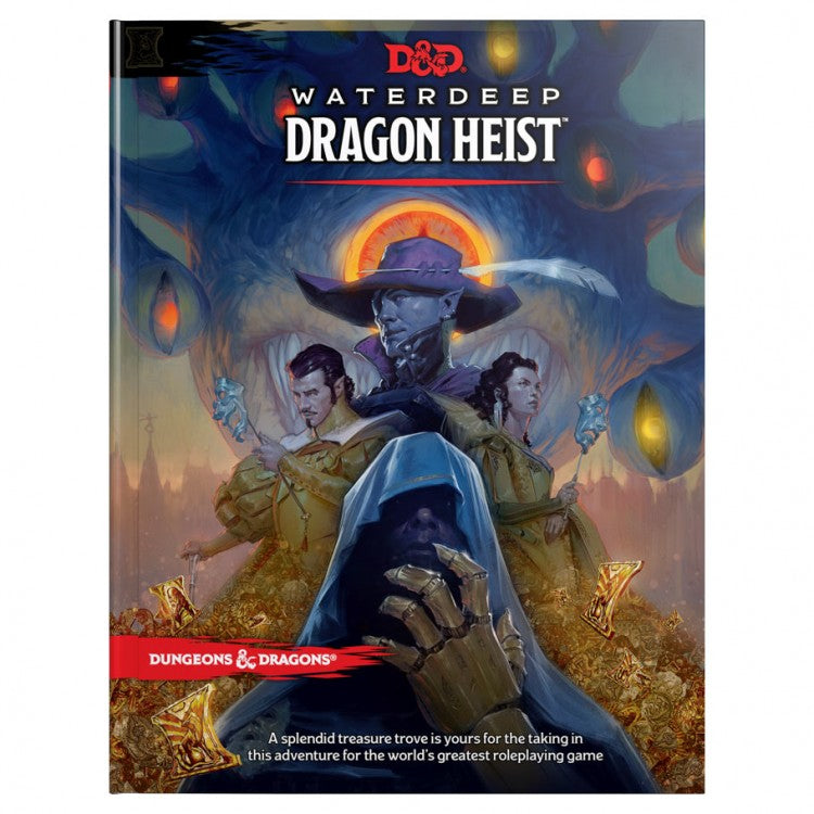 D&D 5E: Waterdeep Dragon Heist - Waterdeep Dragon Heist Dungeons & Dragons book cover with masked figure and two robed characters against a glowing cityscape.