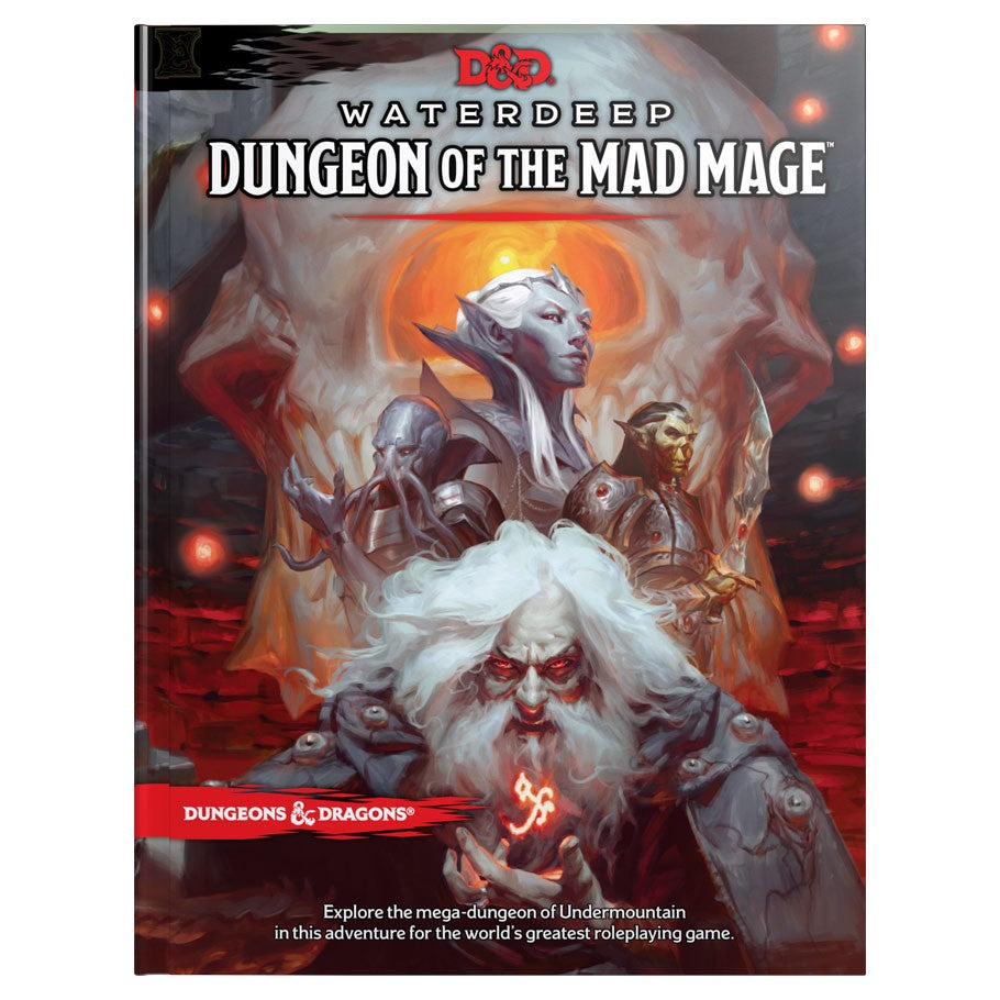 D&D 5E: Dungeon of the Mad Mage - Cover art of D&D Waterdeep Dungeon of the Mad Mage book featuring a white-haired wizard with glowing eyes and ethereal.