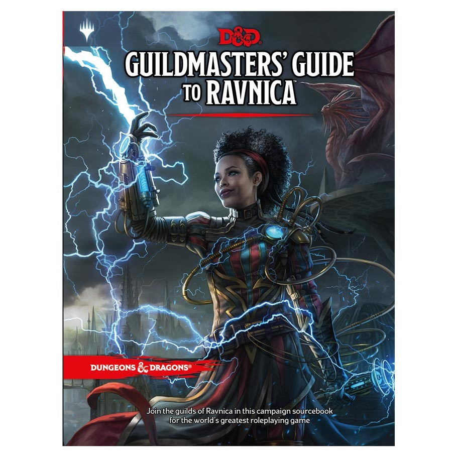 D&D 5E: Guildmasters Guide to Ravnica - D&D Guildmasters Guide to Ravnica book cover with a female spellcaster wielding blue lightning magic.