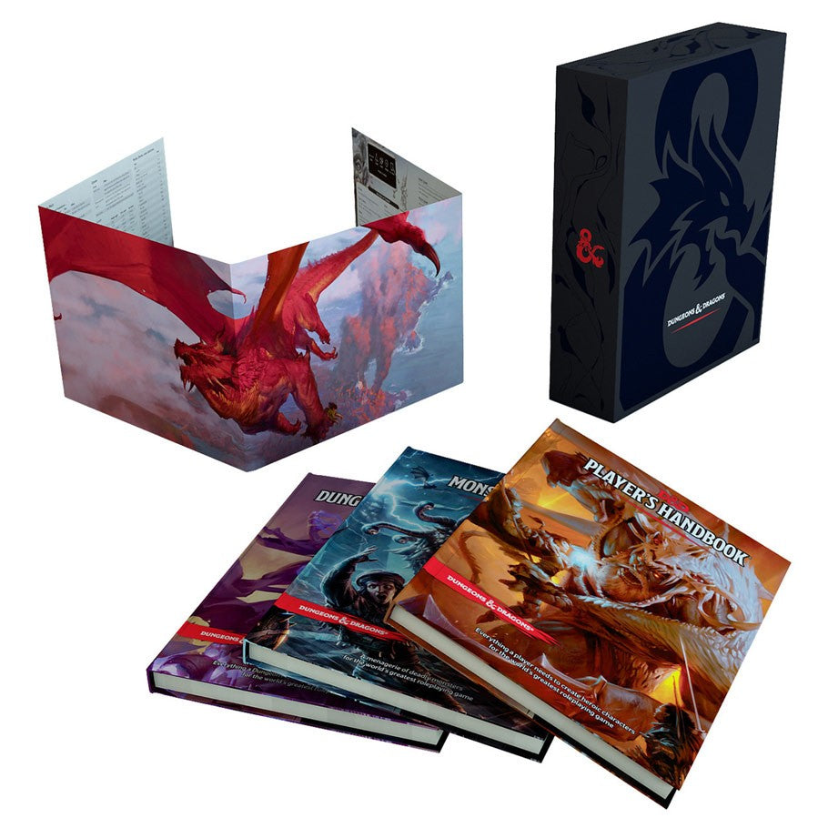 D&D 5E: Core Rulebook Gift Set - D&D 5E Core Rulebook Gift Set with black slipcase, rulebooks featuring dragons and fantasy cover art.