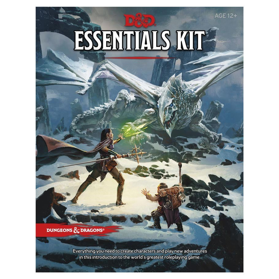 D&D 5E: Essentials Kit - Dungeons & Dragons Essentials Kit with fantasy artwork of adventurers battling a large white dragon in a snowy landscape.
