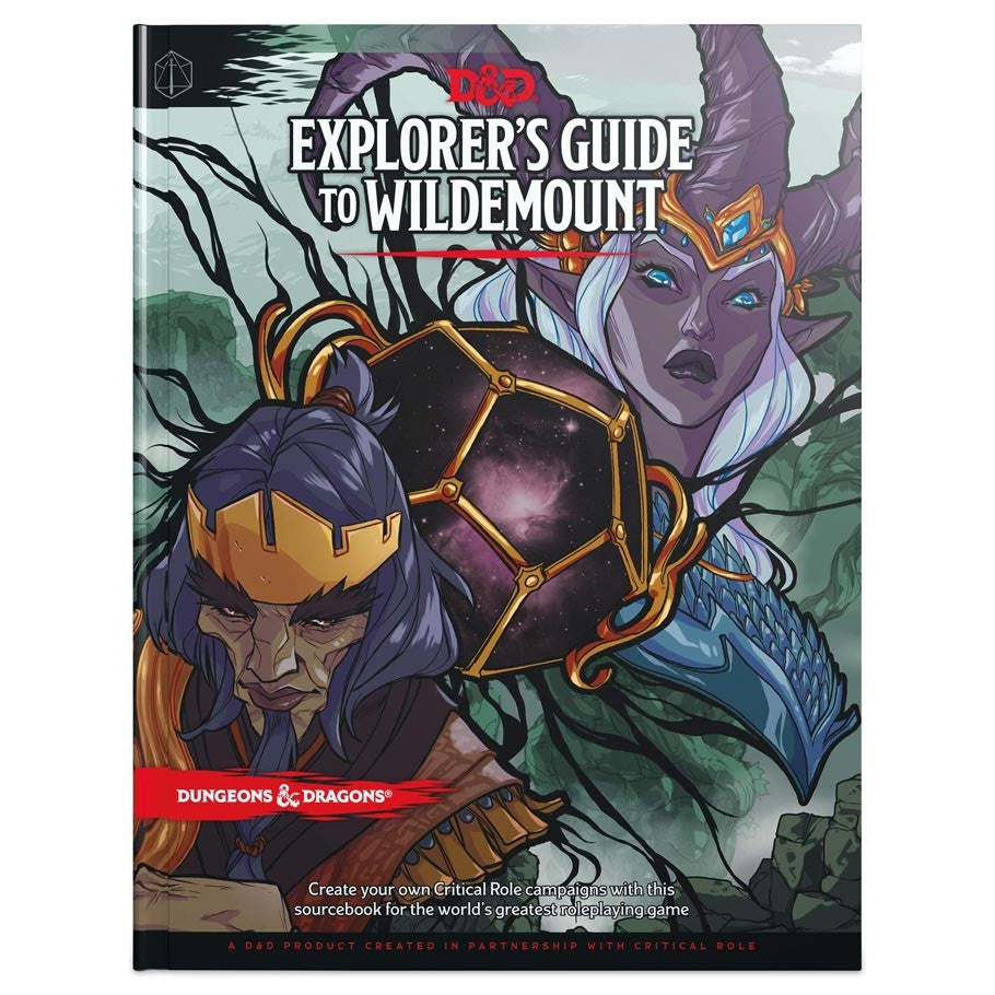 D&D 5E: Explorer's Guide to Wildemount - D&D Explorer's Guide to Wildemount book cover with fantasy characters and glowing 20-sided die illustration.
