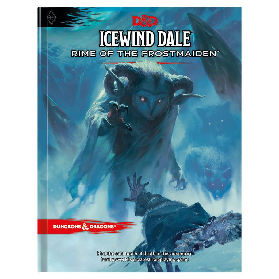 D&D 5E: Icewind Dale: Rime of the Frost - Rime of the Frostmaiden book cover featuring a hooded figure facing a large ice demon in a snowy blue landscape.