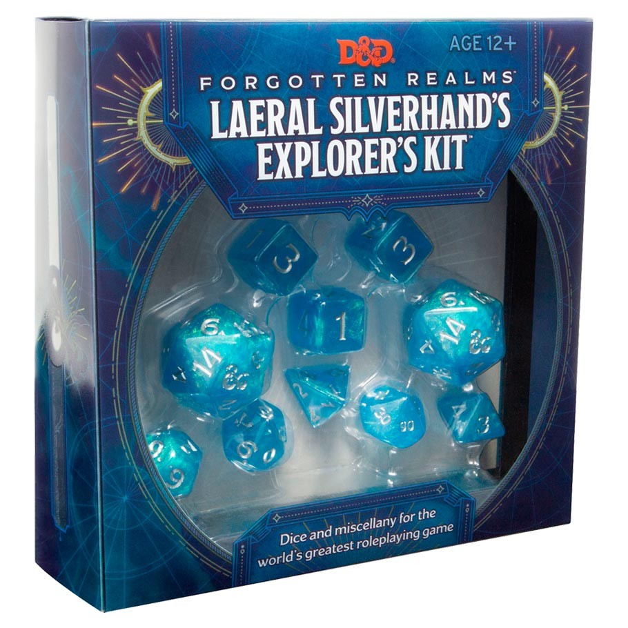 D&D 5E: Forgotten Realms: Explorer's Kit - Blue translucent polyhedral dice set in Dungeons & Dragons Laeral Silverhand's Explorer's Kit packaging.