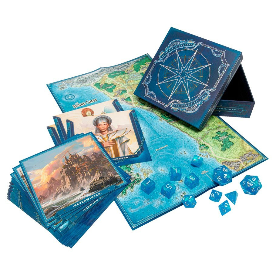 D&D 5E: Forgotten Realms: Explorer's Kit - D&D 5E Explorer's Kit with detailed map, character cards, blue polyhedral dice, and decorative blue storage box.