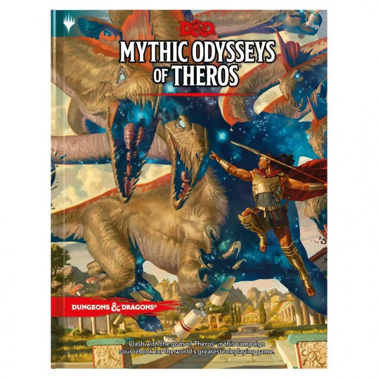 D&D 5E: Mythic Odysseys of Theros - Dungeons & Dragons Mythic Odysseys of Theros book cover with a giant hydra and a warrior in armor flying against a blue sky.