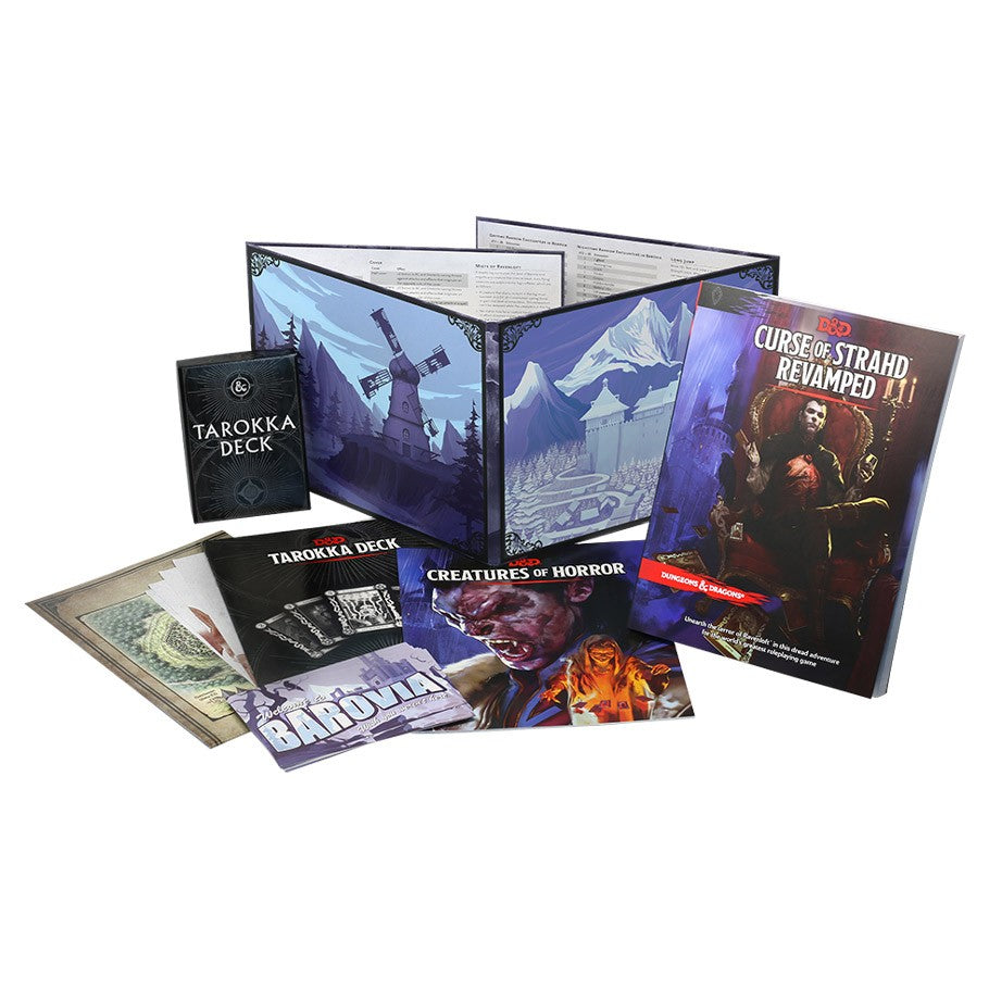 D&D 5th: Curse of Strahd Revamped - Dungeons & Dragons Curse of Strahd Revamped boxed set with rulebook, Tarokka deck, cards, and guides displayed on white.