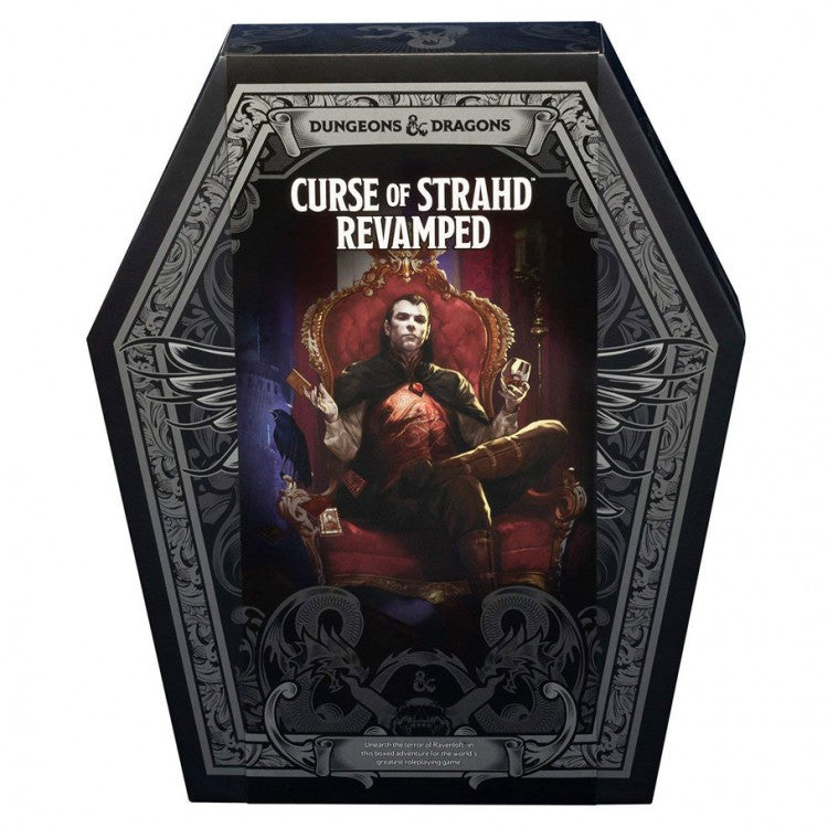 D&D 5th: Curse of Strahd Revamped - Dungeons & Dragons Curse of Strahd Revamped game box shaped like a coffin with a vampire lord on the cover.